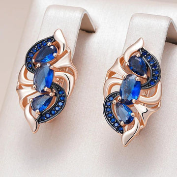 Excellent Vintage Style 14K Rolled Rose Gold Crystal Flower Blue AAA Zircon Drop Earrings - Fine Jewellery